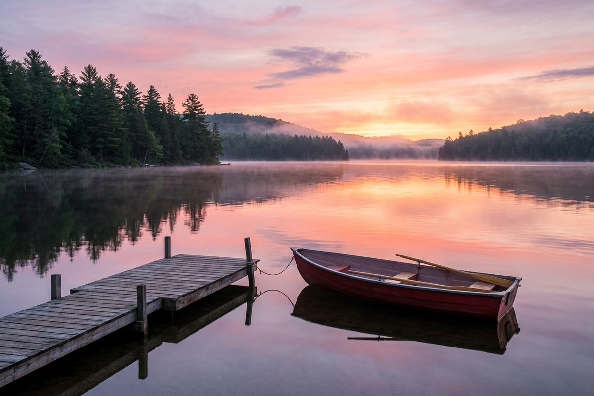 A wooden dock and a red rowboat on a calm lake at sunrise, with pink and orange clouds and pine trees along the shore.