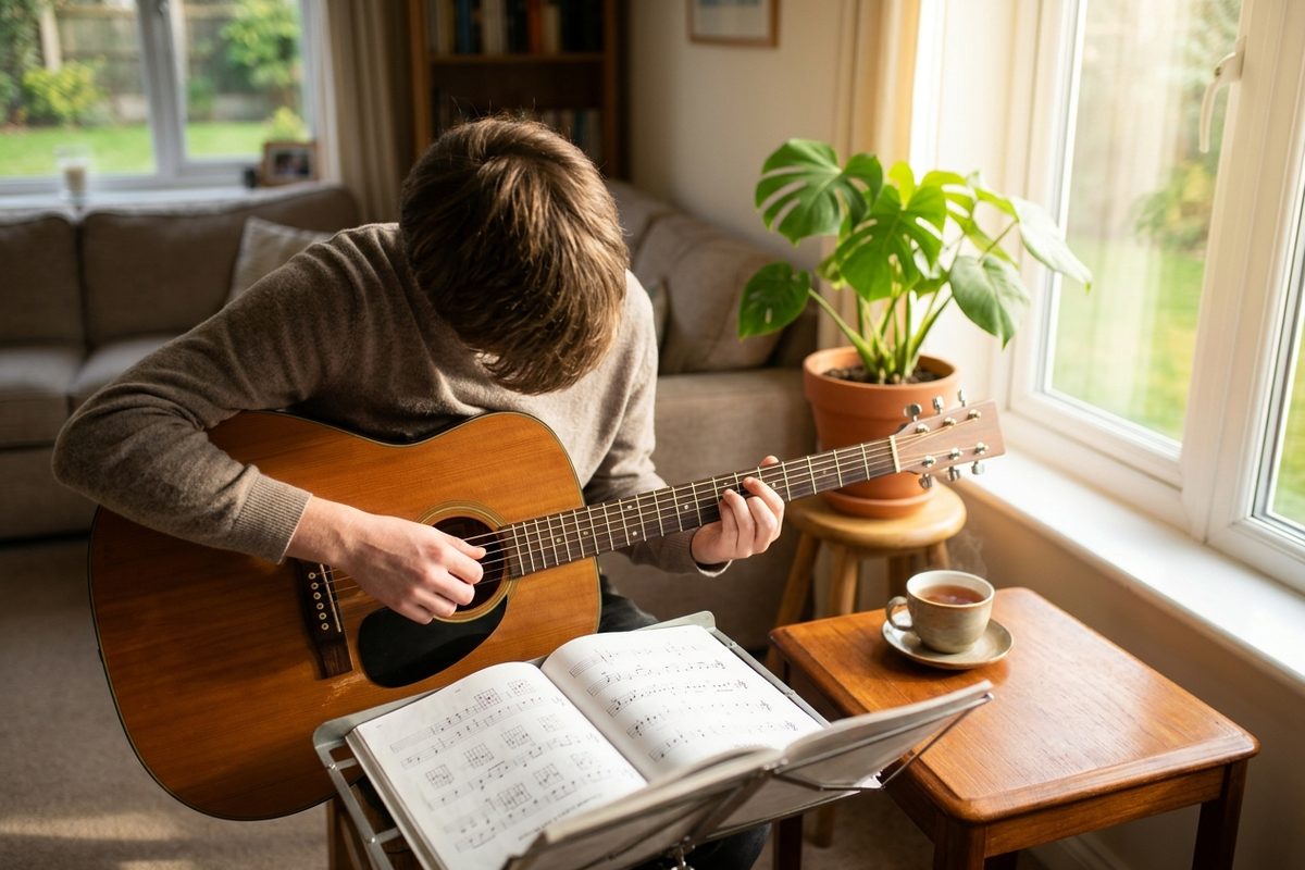 A person plays an acoustic guitar in a sunny living room, with an open music book on a stand and a cup of tea beside them.