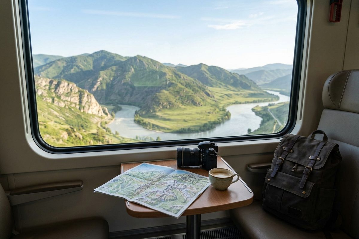 A view of green mountains and a winding river from a train window, with a paper map, a camera, and a cup of coffee on the table.