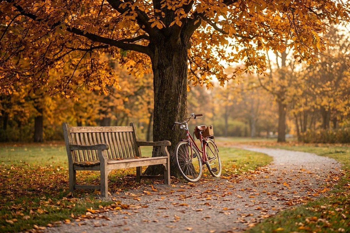 A wooden bench and a red bicycle under a large tree with orange and yellow leaves, next to a gravel path covered with fallen leaves.