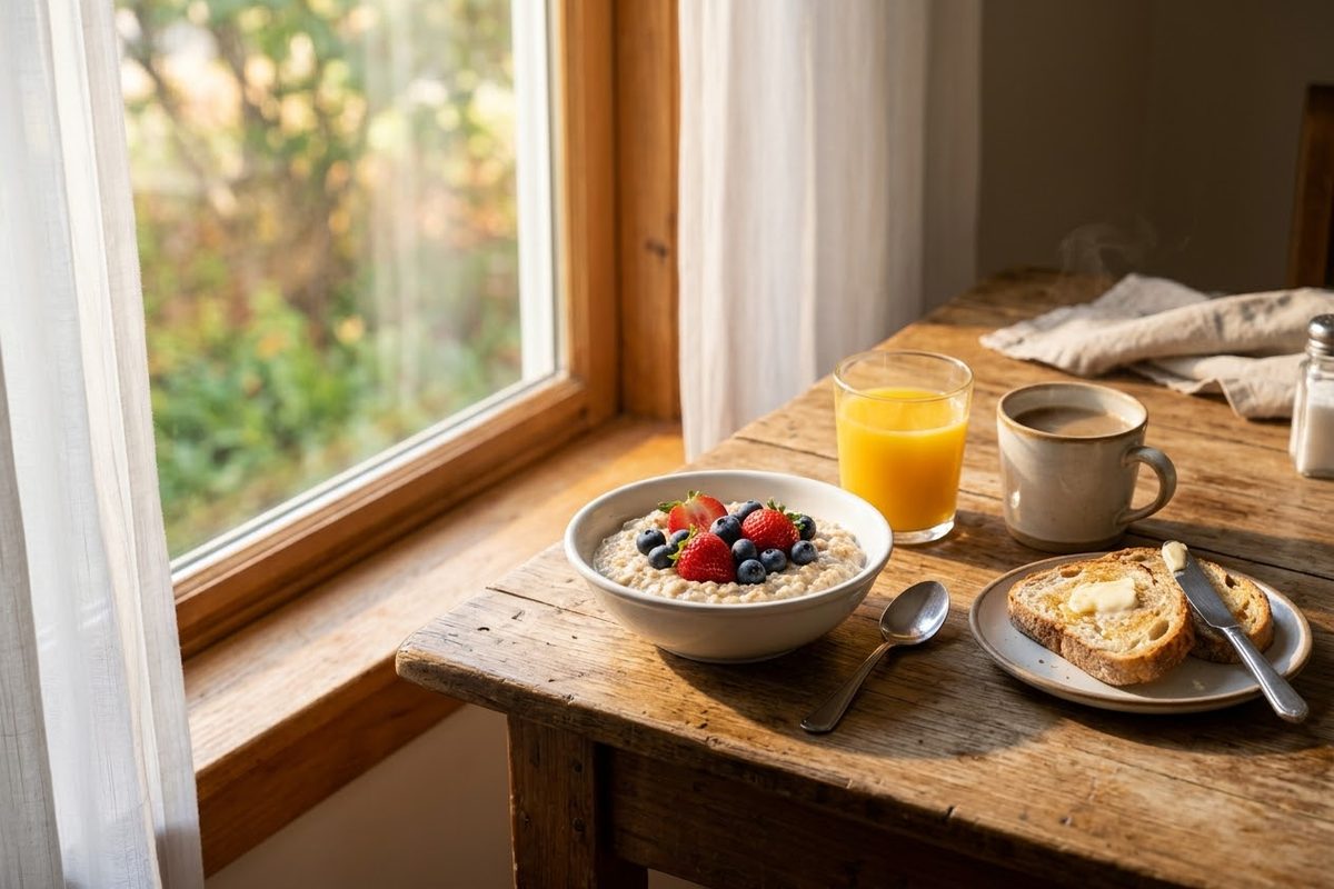 A wooden table by a sunny window with a bowl of oatmeal and berries, a glass of orange juice, a cup of coffee, and toast with butter.