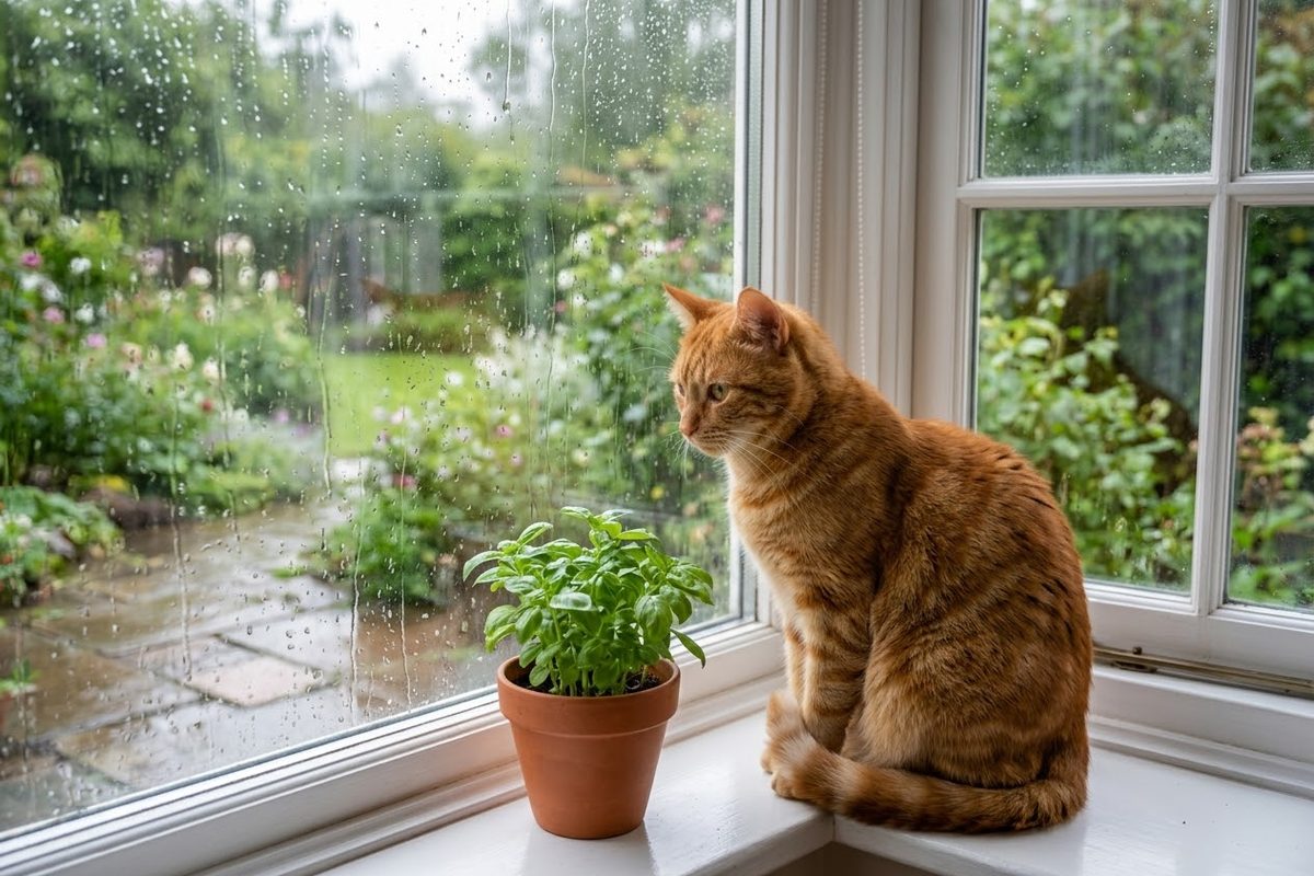 An orange cat sits on a white windowsill next to a small green plant and looks out at a rainy garden.