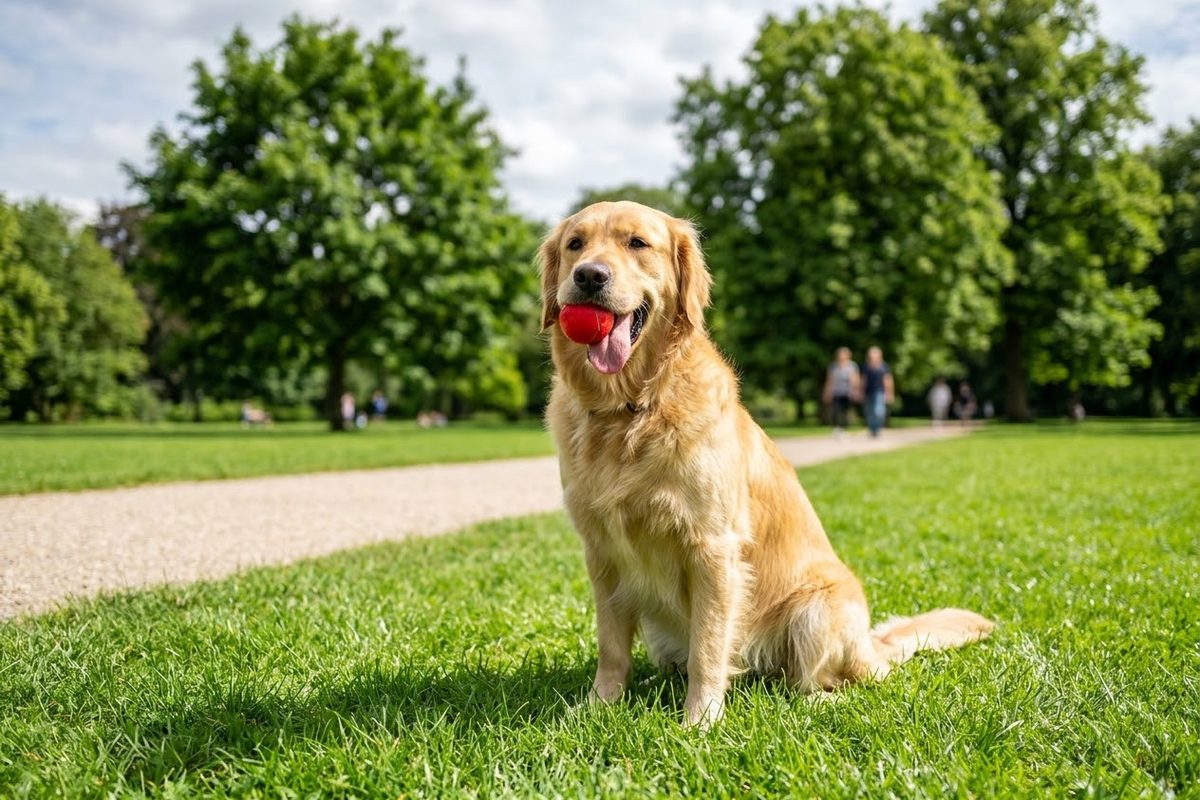 A golden dog sits on green grass in a park with a red ball in its mouth. A gravel path and tall green trees are behind it.