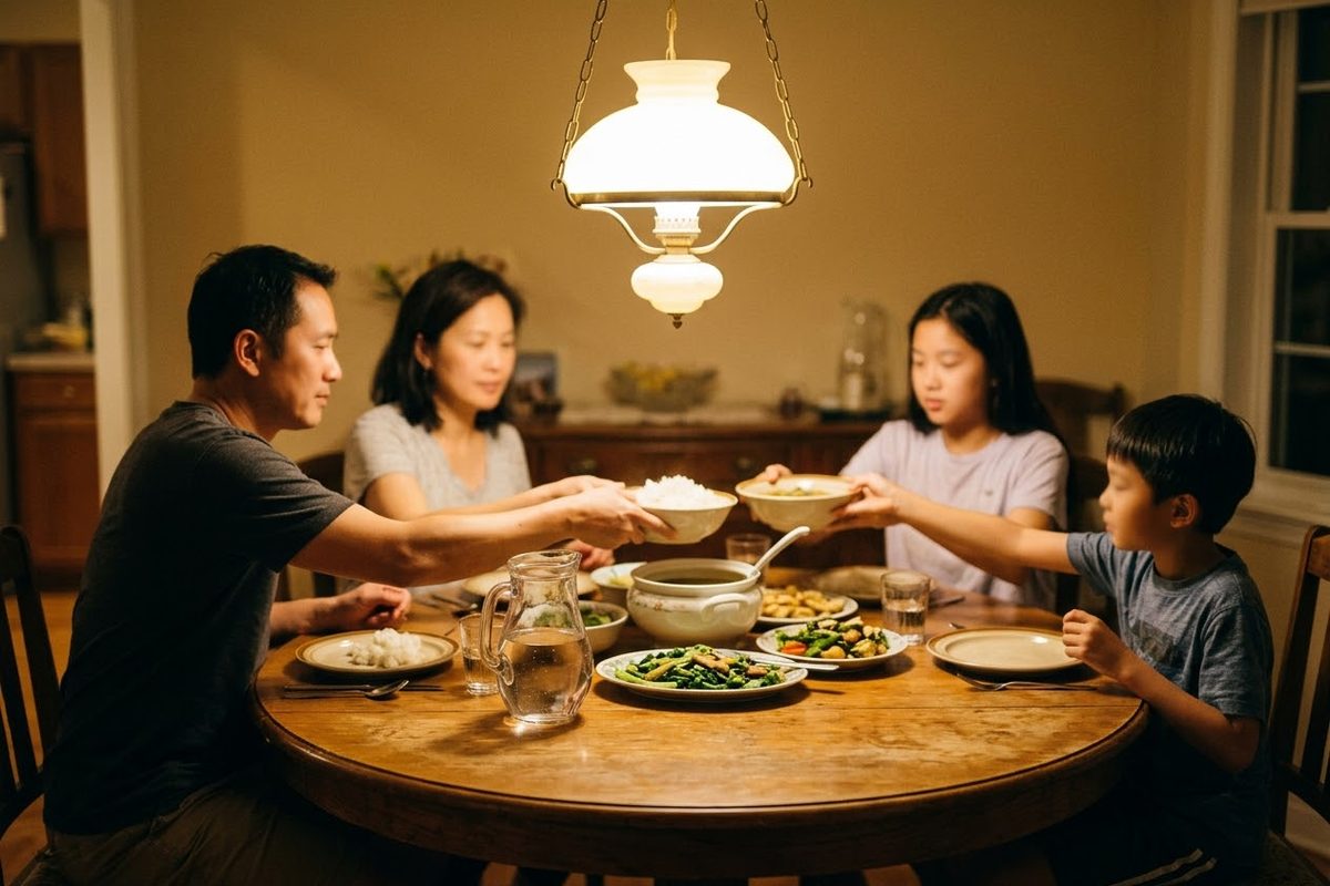 A family of four sits at a round wooden table and passes bowls of rice and soup. A lamp hangs above the table.