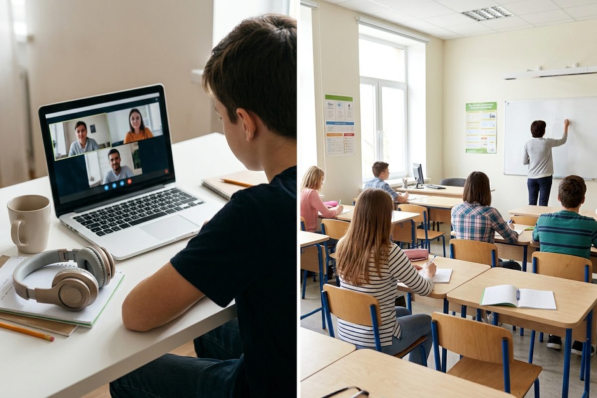 A split photo: a student on a video call with a laptop on the left and a teacher with students in a classroom on the right.