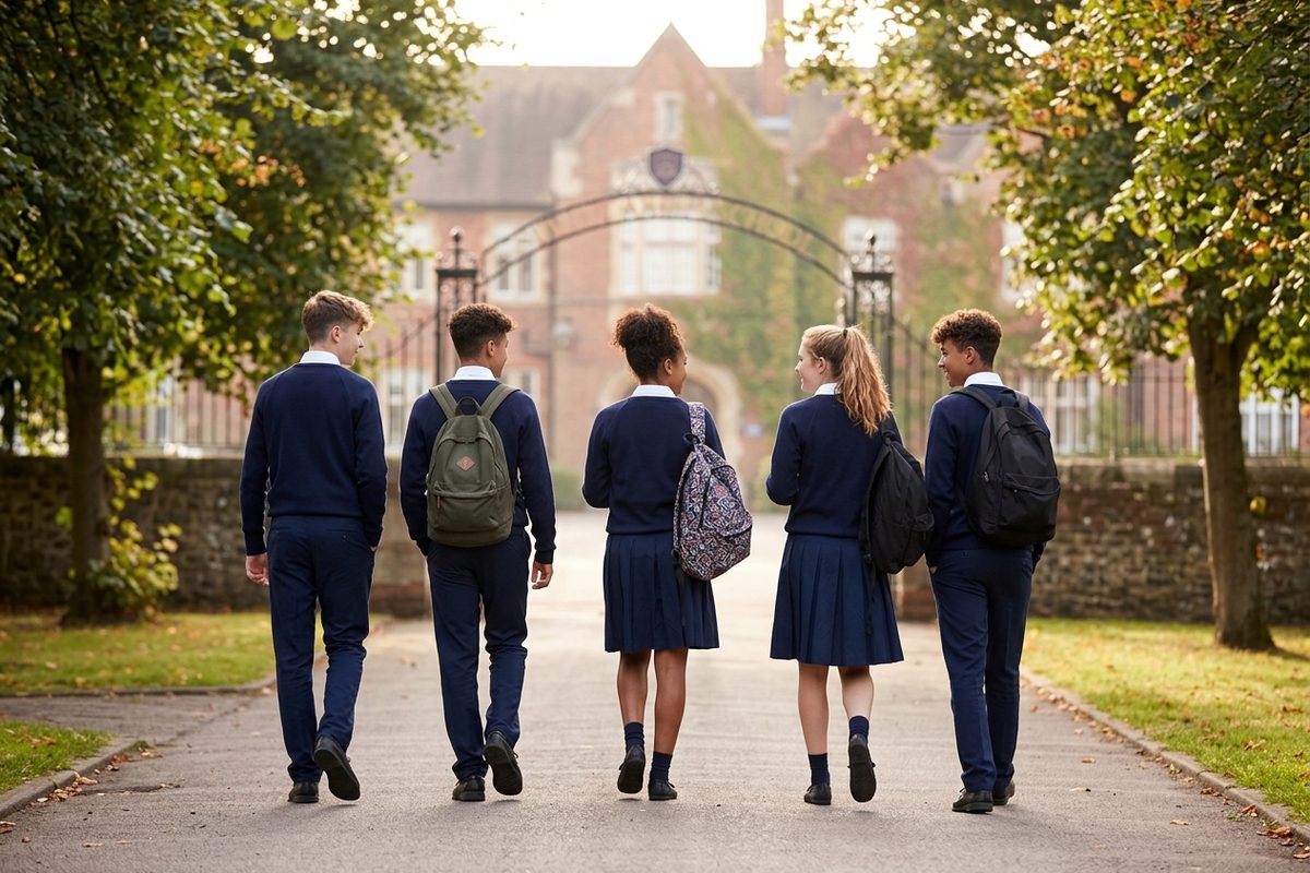 A group of students in school uniforms and backpacks walk along a tree-lined path.