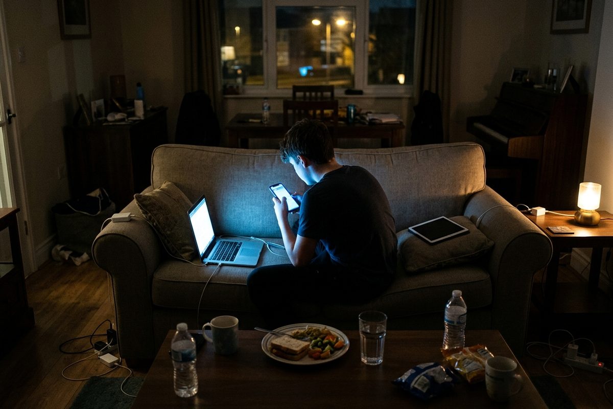 A person sits on a couch in a dim room, lit by a glowing laptop screen, with a phone and a snack nearby.