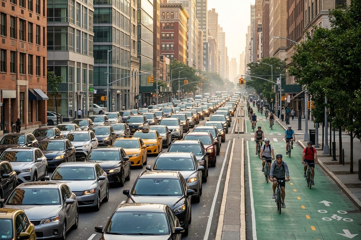 A traffic jam of cars and taxis on a city street, with a green bike lane beside it.